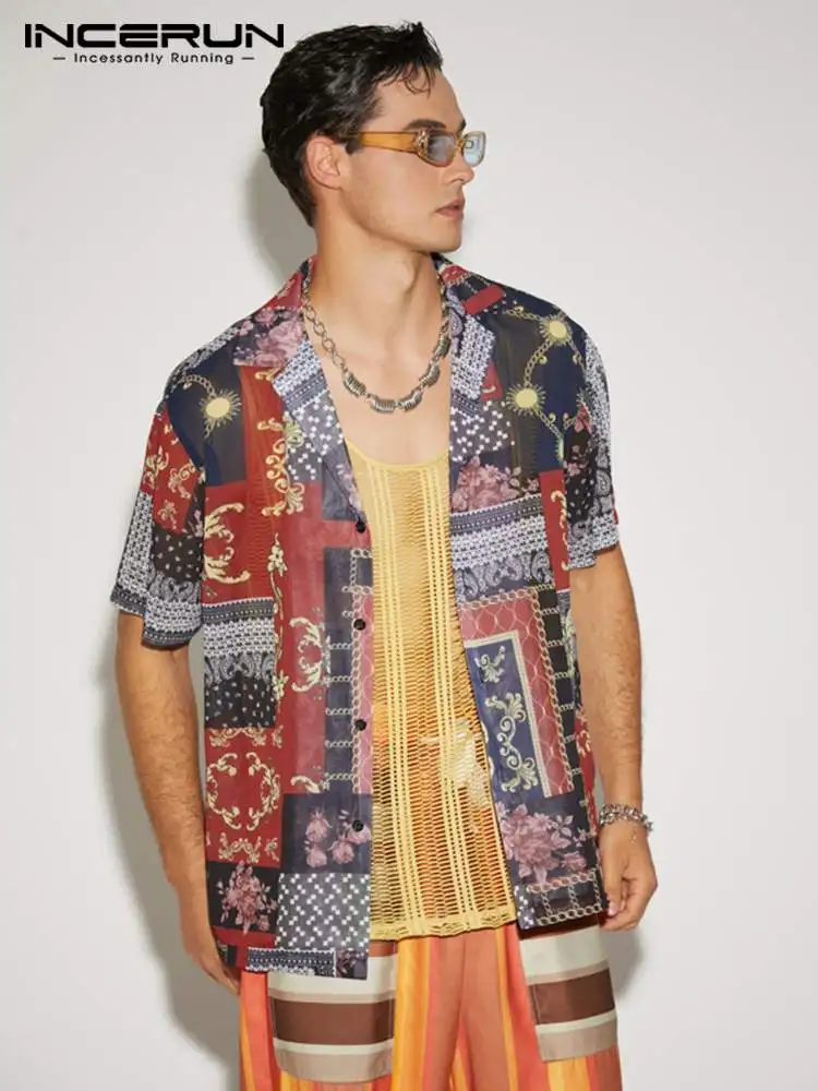 INCERUN Tops 2022 American Style New Men's Slightly Transparent Printed Blouse Casual Streetwear Male Short-sleeved Shirts S-5XL