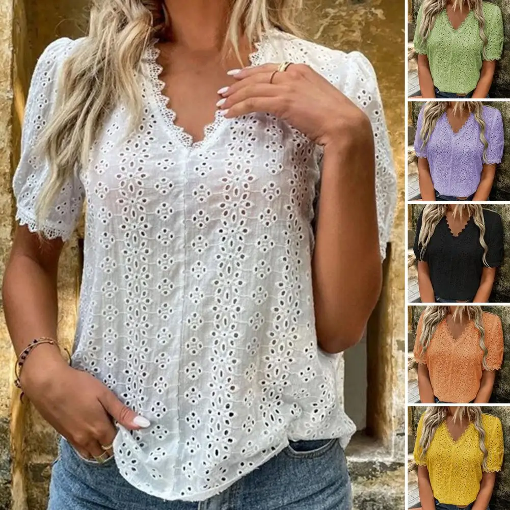 

Comfortable Fashion Lace Spliced Hollow Summer Top Skin-touching Women Blouse Stretchy for Daily Life