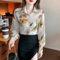 flroral printed shirt women long lantern sleeve chiffon shirt top loose blusas mujer de moda verano ladies tops camisas mujer