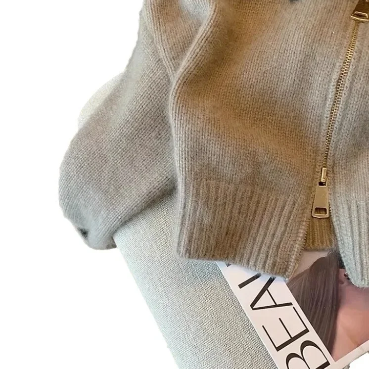 Осенне-зимний вязаный свитер с длинными рукавами и двойной молнией винтажный