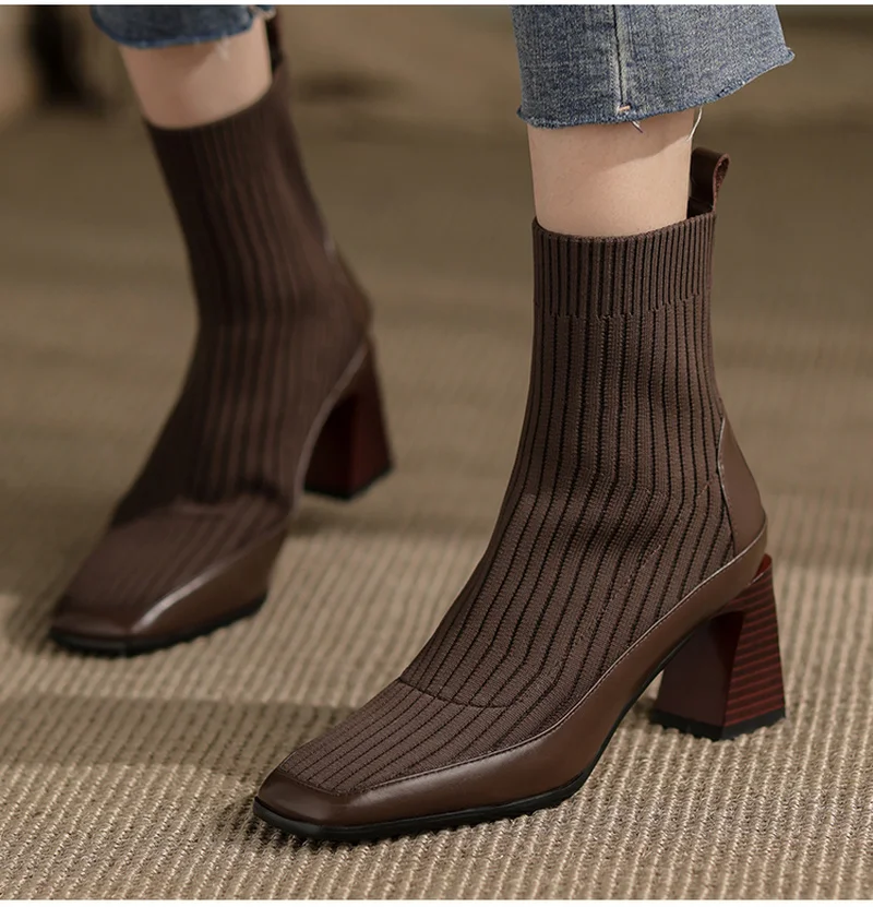 

Fashion Women Ankle Boots Autumn Winter Stretch Knitted Thick Heel Short Boots Woman Square Toe High Heel Shoes Zapatos De Mujer