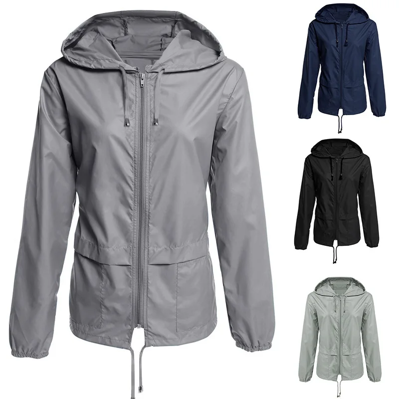 

Zipper Hooded Jacket For Women Windbreaker Coat Solid Color Sporty Clothes Light Weight Waterproof Jackets Outdoor On Foot S-XXL