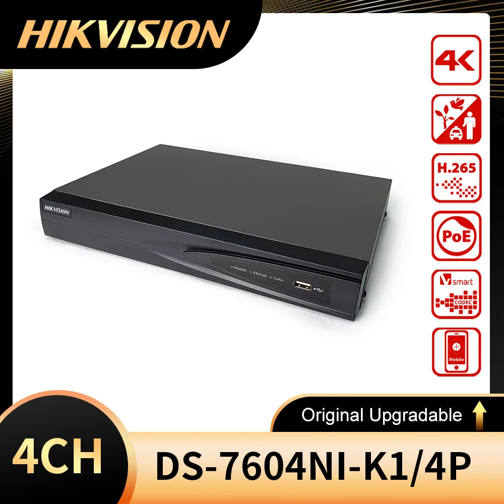 

Hikvision NVR 4CH 4K 8MP PoE DS-7604NI-K1/4P для IP-камеры, система безопасности CCTV, обнаружение VCA, обнаружение, обновляемые Plug & Play Onvif