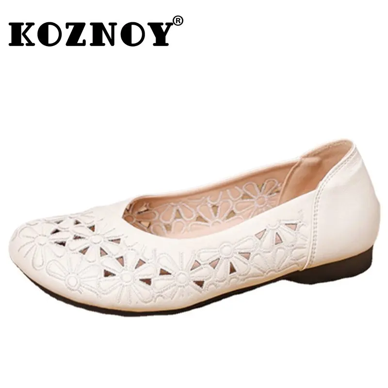 

Koznoy 2cm New Vintage Genuine Leather Flats Ethnic Sandals Summer Comfy Soft Soled Casual Women Hollow Breathable Oxfords Shoes