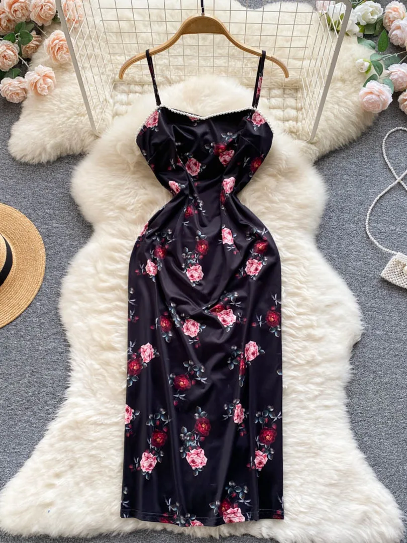 

Foamlina Sexy Beading Spaghetti Strap Summer Dress Women Vintage Floral Print Sleeveless Backless Back Slit Bodycon Party Dress