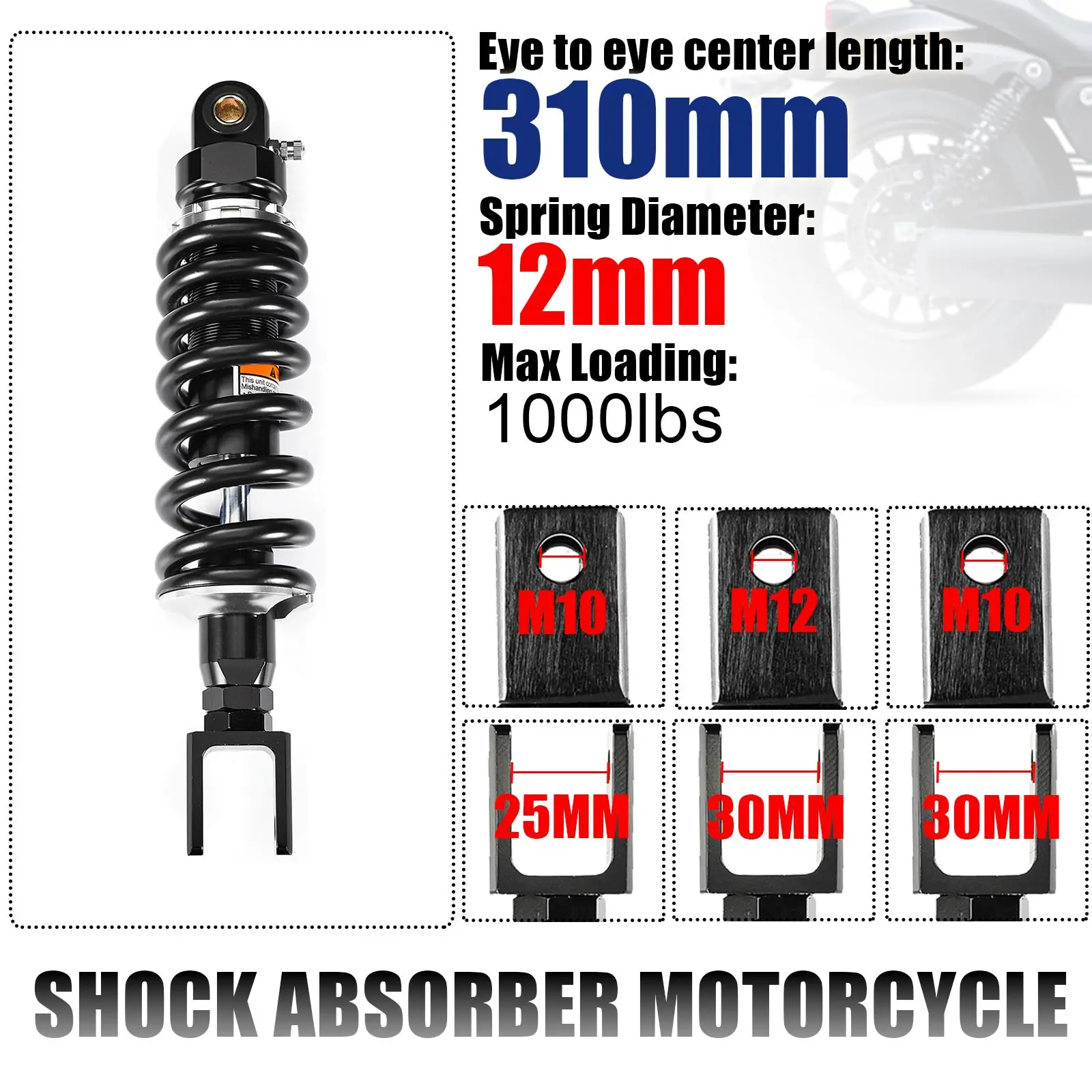 

310mm Spring 12mm Fork Head Strong Motorcycle Shock Absorber Rear Suspension Motor ATV Quad Falling protection 1000lbs M10 M12