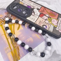fashion bowknot mobile phone chain women fashion black white beaded phone case charm anti lost lanyard phone jewelry accessories