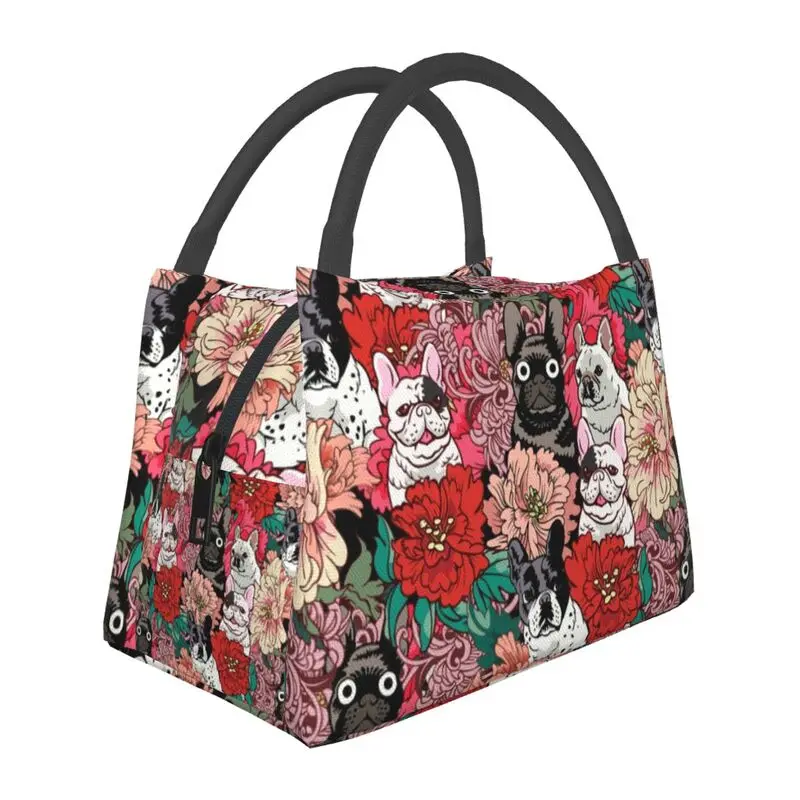 

Flowers French Bulldog Insulated Lunch Bag for Camping Travel Portable Thermal Cooler Lunch Box Women