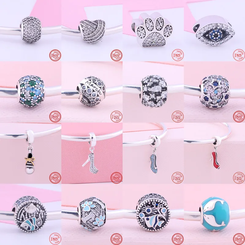 

New 925 Silver High Heel Shoes Dolphin Volleyball Sparkling Zircon Beads Fit Original Pandora Charms Bracelet Women Jewelry Gift