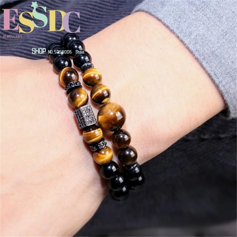 

Fashion 8mm Natural Black Onyx Beads Energy Tiger Eye Stone Pave Setting Charm Bracelets for Men or Women Wholesale