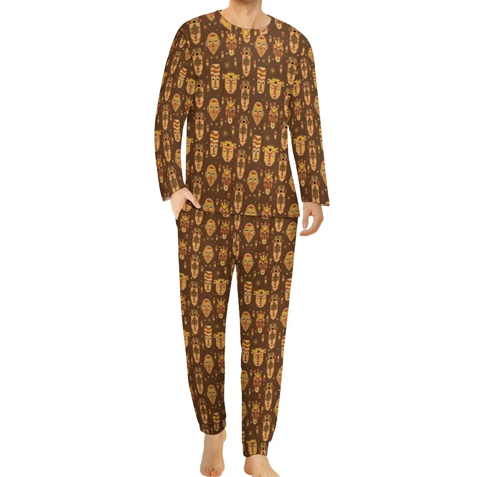 Cute African Print Pajamas Abstract Face Men Long-Sleeve Cute Pajamas Set Two Piece Aesthetic Spring Design Nightwear Gift Idea