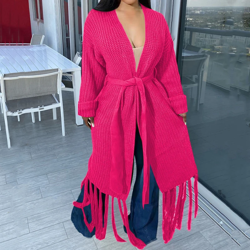 

Женский трикотажный кардиган на шнуровке, повседневный однотонный Свободный кардиган с длинным рукавом и V-образным вырезом, осеннее пальт...