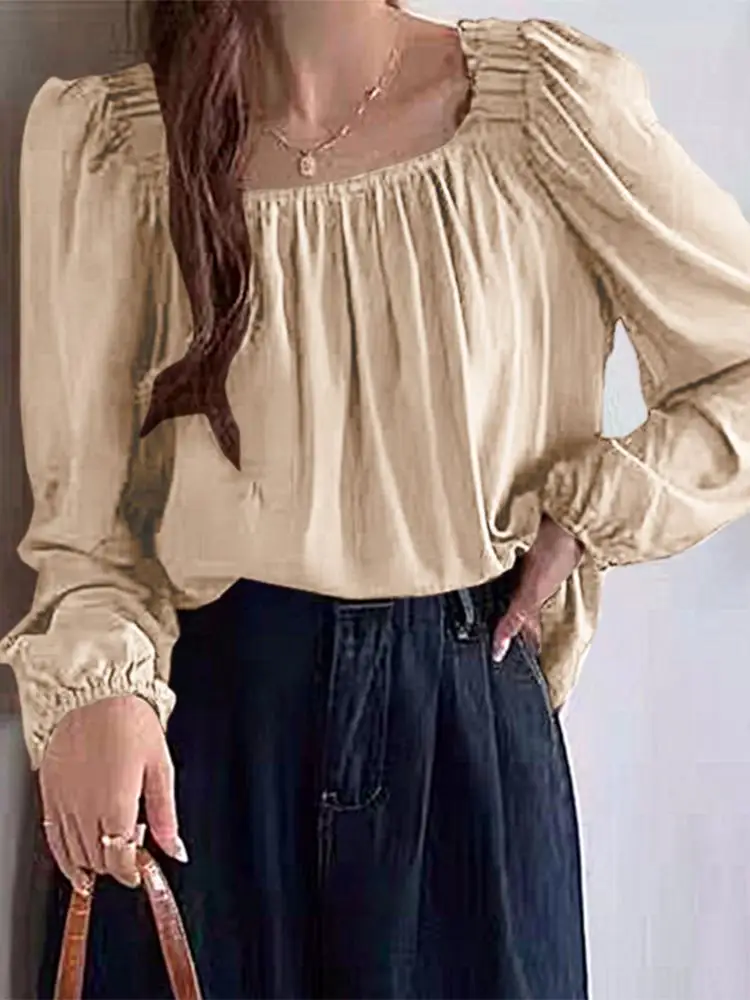 

ZANZEA Stylish Square Neck Long Sleeve Shirt Elegant Women Blouse Casual Office Work Blusa Loose Tunic Spring Solid Party Tops