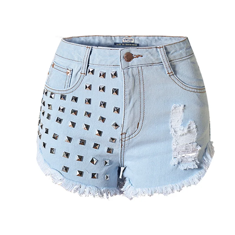 

High waist white rivet denim hot shorts women 2022 Summer ripped shorts Sexy Harajuku style large size blue black shorts J133