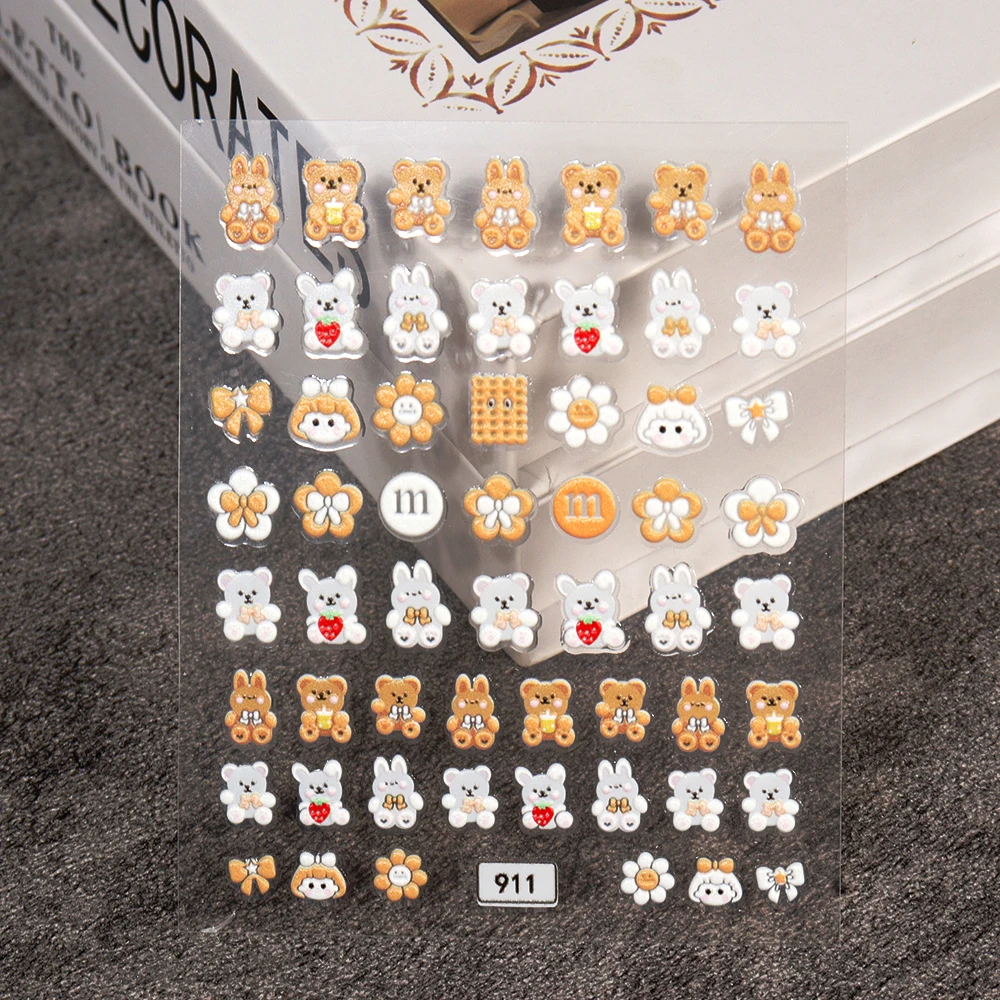 

5D Embossed Bear Nail Stickers Cartoon Flower/Bear/Cookie Design Nail Decal Self Adhesive Kawaii Nail Slider For nail 1PCS