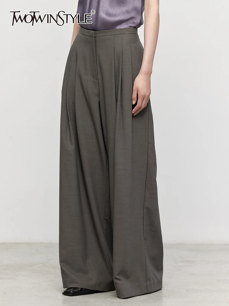 

TWOTWINSTYLE Solid Minimalist Pants For Women High Waist Full Length Patchwork Folds Temperament Wide Leg Pant Female Fashion