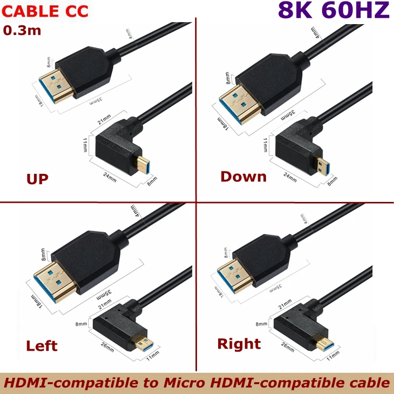 

Angled Micro HDMI-Compatible To HDMI-Compatible 2.1 8K 60Hz 4K 120Hz 48Gbps Camera Video TV Box PS5 HD Ultra Thin Cable OD4.0mm