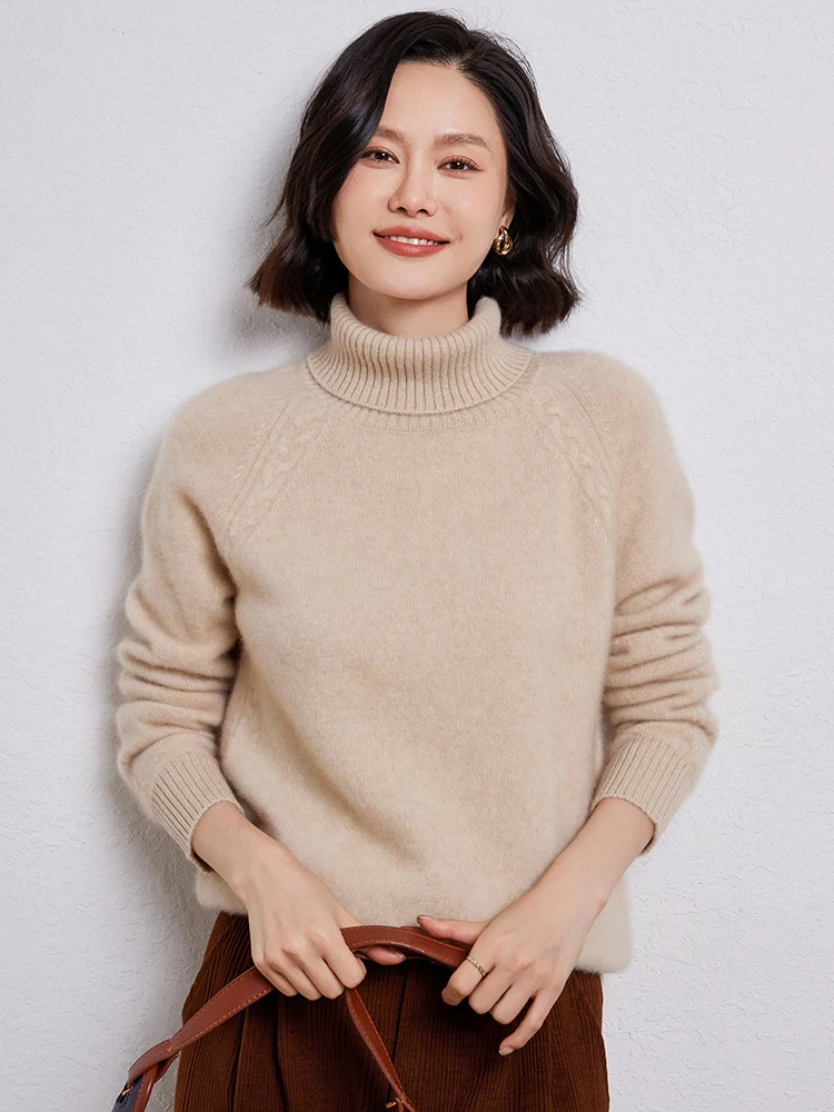 Женский вязаный пуловер с воротником-хомутом из 100% чистой шерсти