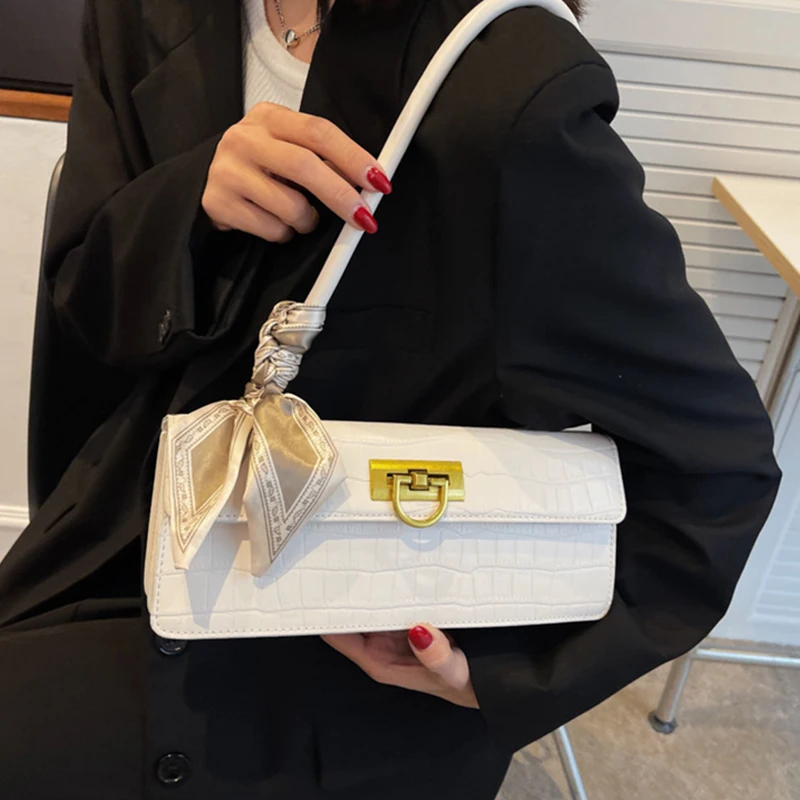 

Crocodile-print Shoulder Bag Women Designer Chic Fashion Handbags PU Leather Casual Luxury Bag With Silk Scarf 2022 Trendy New