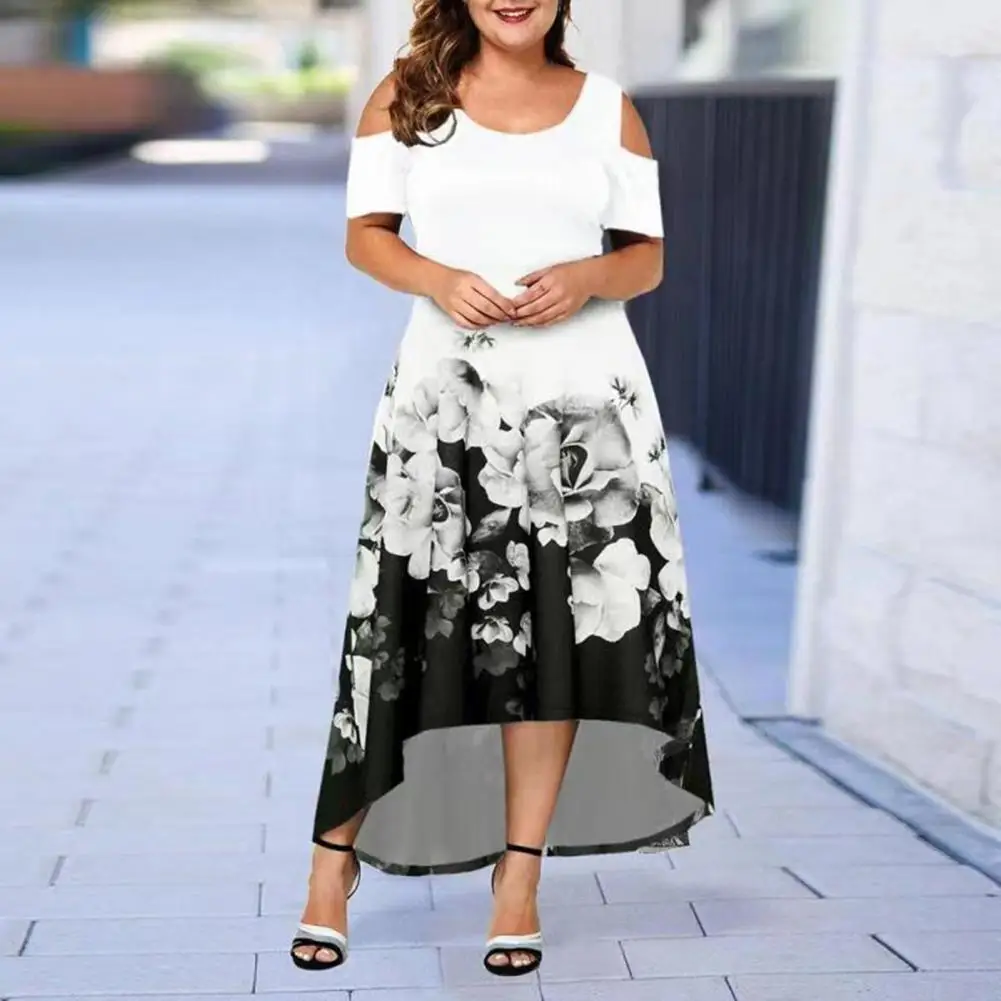 

Flower Print Irregular Hem Formal Dress Women Cold Sleeve Off Shoulder O Neck Party Dress Elegant Comfy Maxi Dress For Wedding