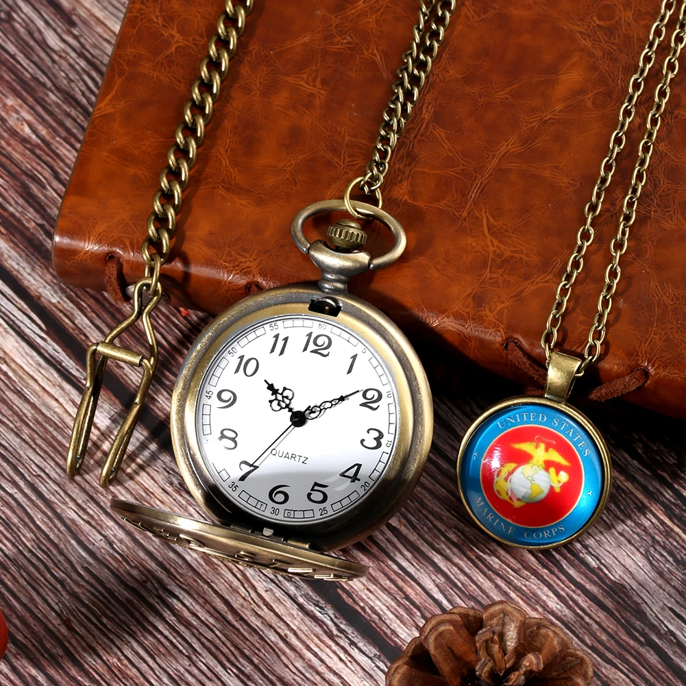 Big Bronze Quartz Pocket Watch Necklace Marine Corps Logo Souvenir Gift Set for Men Pocket Watch Masculino Red Logo Pedent Chain