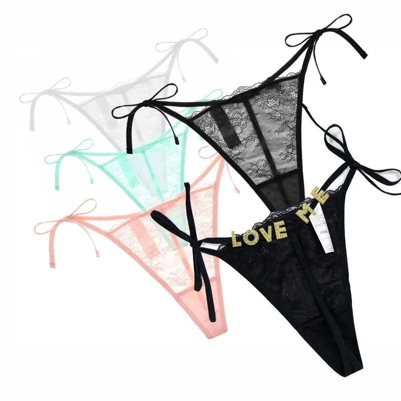 

Sexy Women Custom Letter Name thong Perspective Spilt Lace G-String Side Tie Personalize Underwear Tangas Rhinestone Panty Gift