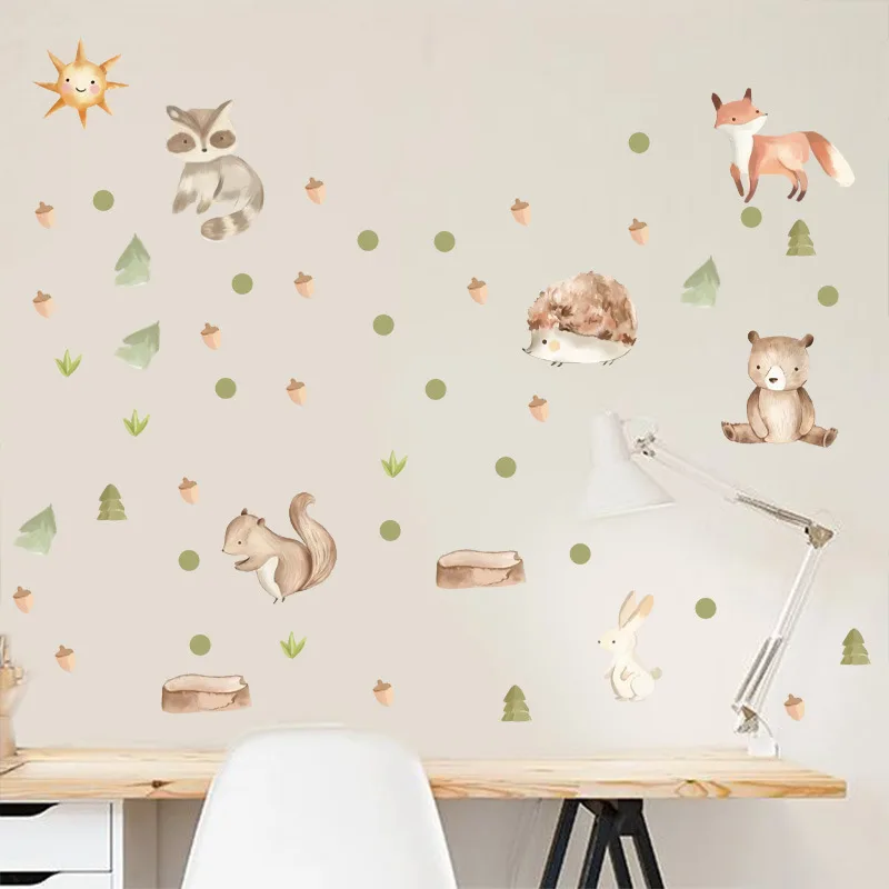 

Cartoon Bear Fox Hedgehog Green Dots Watercolor Wall Sticker Removable Wall Decal Mural Living Room Interior Home Decoration