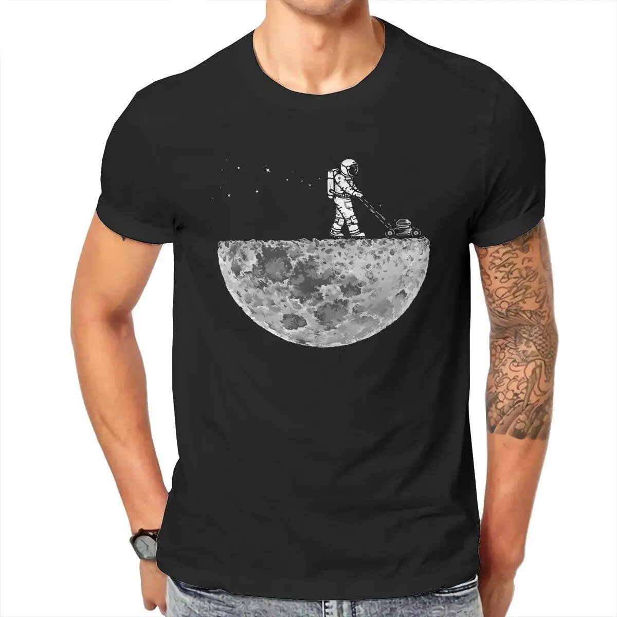 Men T-Shirts Astronaut Mowing the Moon Hipster 100% Cotton Tee Shirt Short Sleeve  T Shirt Crew Neck Tops Gift Idea