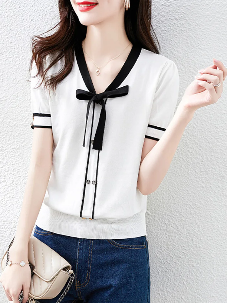 

2022 Summer Bow Tshirt Women Clothes Knitted Tee Shirt Femme Contrast Color Tops Ladies Short Sleeve Tees White T Shirt Women