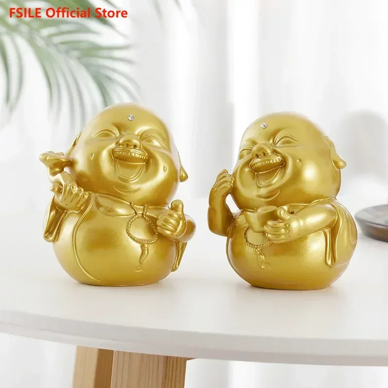 

FSILE Golden Resin Buddha Statue Porch Living Room Decoration Temple Belly Maitreya Buddha Laughing Buddha Decorative Crafts