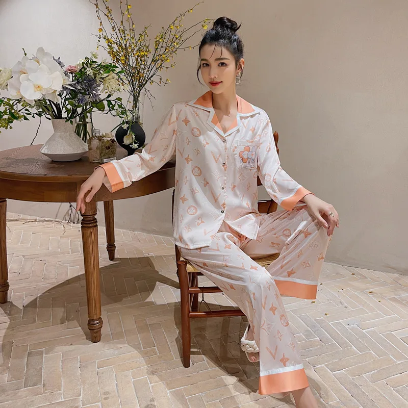 Ice Silk Pajamas for Women 2023 Spring and Autumn New Long-Sleeved Trousers Printed Cardigan Casual Outdoor Homewear