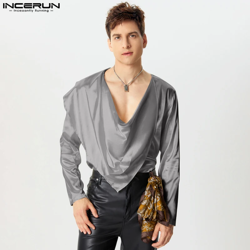 INCERUN американские модные футболки с длинными рукавами 2024 мужские однотонные