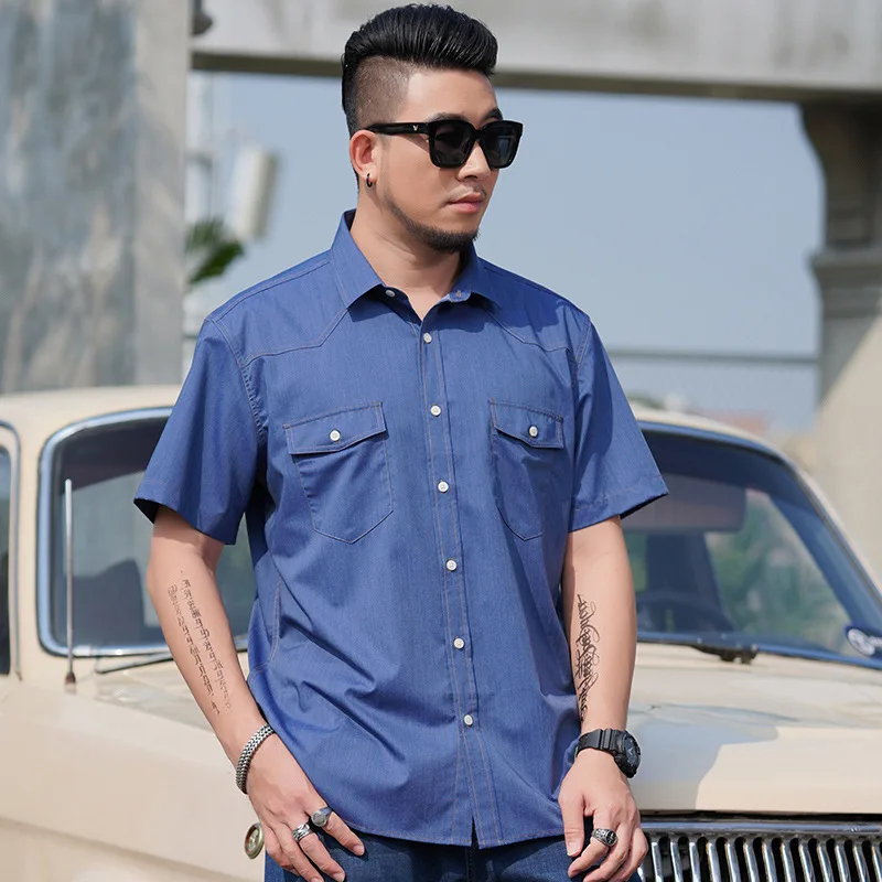 

COIGARSAM Men Shirts Summer New Casual Short Sleeve Solid Loose Square Collar Thin Light Dark Blue