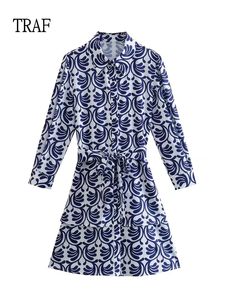 

Женское Короткое платье-рубашка с поясом, с винтажным принтом