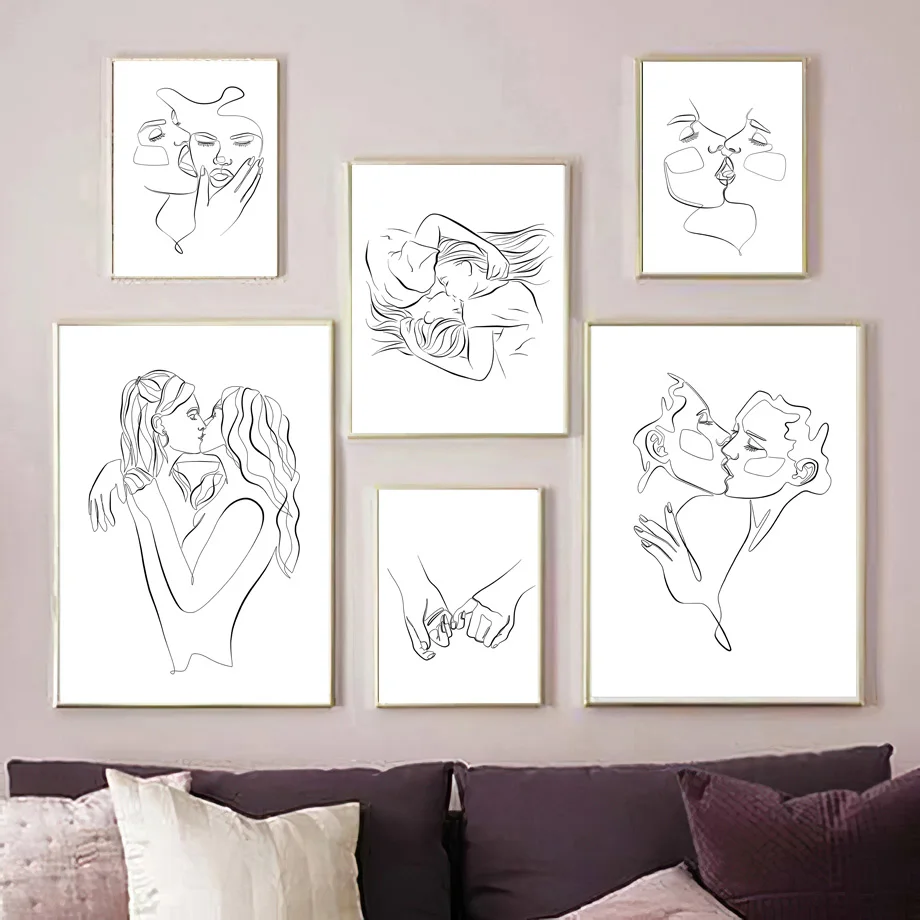Непрерывный рисунок двух лесбиянок поцелующих каждый настенный художественный