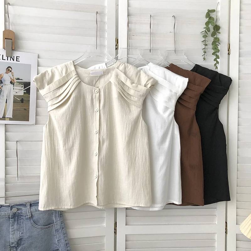 

Vintage Casual Blouses For Women Summer Pleated Single Breasted Tops Sleeveless Korean Fashion Woman Shirts Blusas Dropshipping