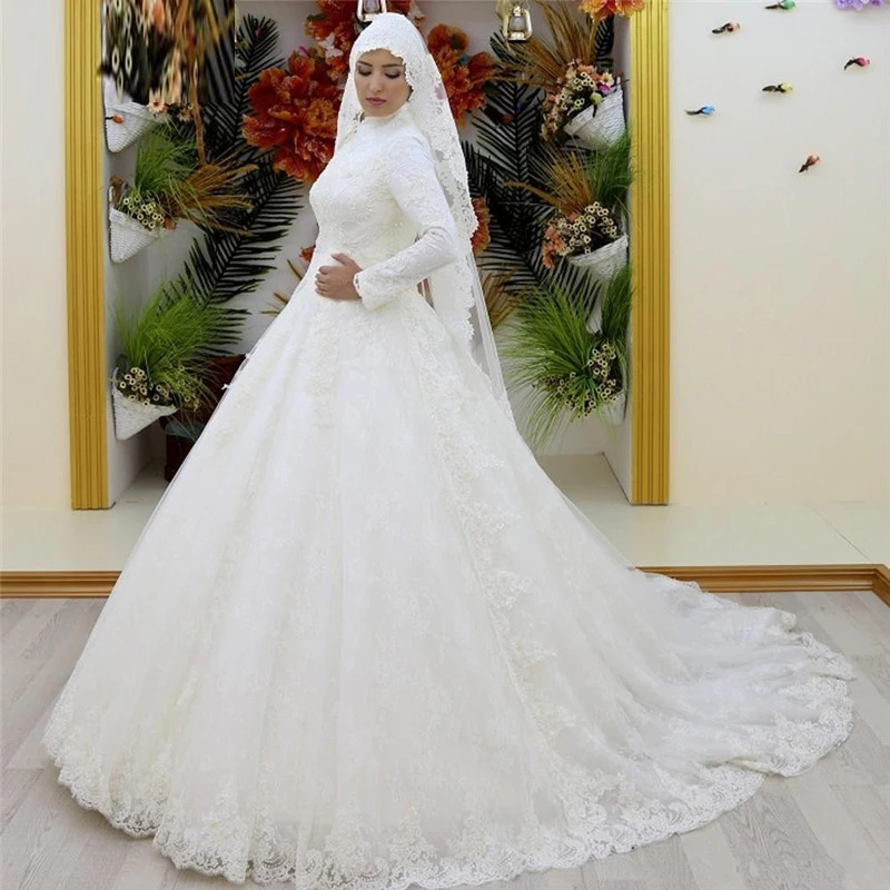 

Vestidos De Novia Muslim Lace Wedding Dress Vintage Long Sleeves High Collar Saudi Arabia Bridal Gown Wedding Gown
