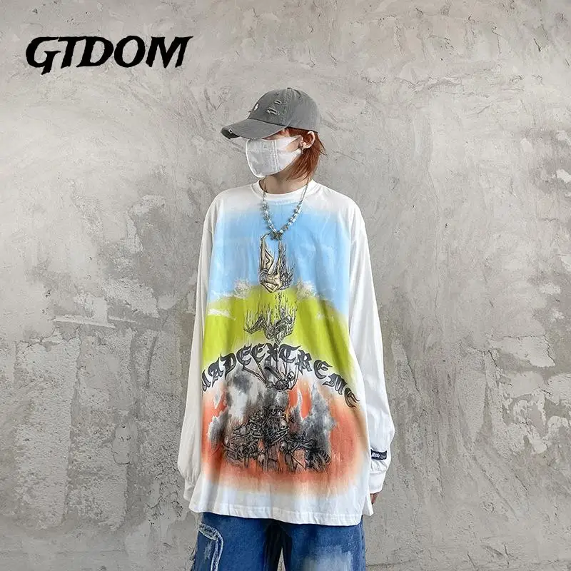 

GTDOM Men 2021 Autumn New Loose Casual Cotton T-shirts Hip Hop High Street Digital Printing O-Neck Long Sleeve Tees and Tops