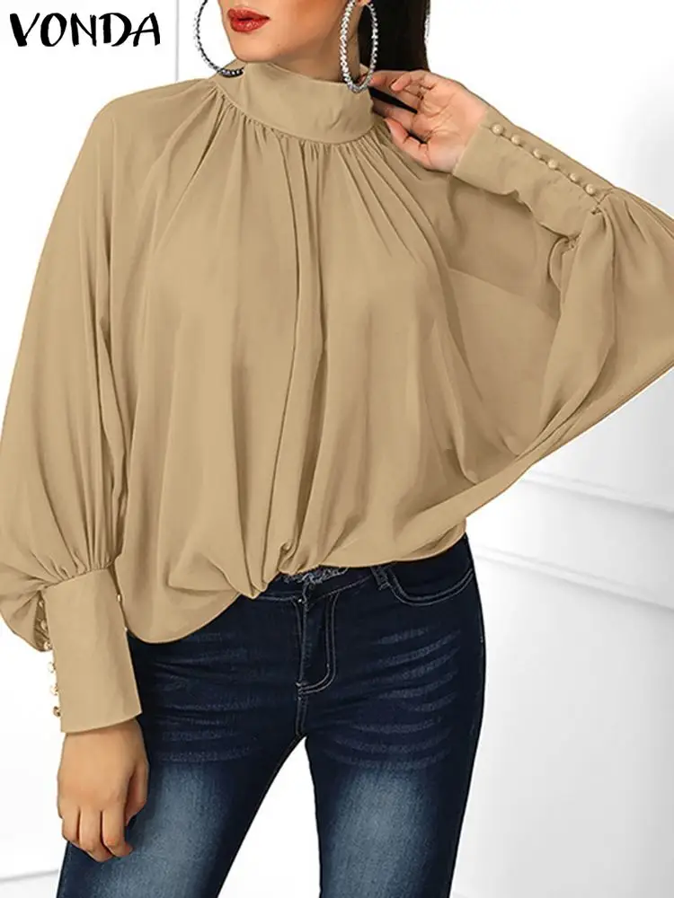 

2023 Осенняя Элегантная блузка, женские стильные рубашки с длинным рукавом-фонариком VONDA, повседневная однотонная офисная туника, женские топы
