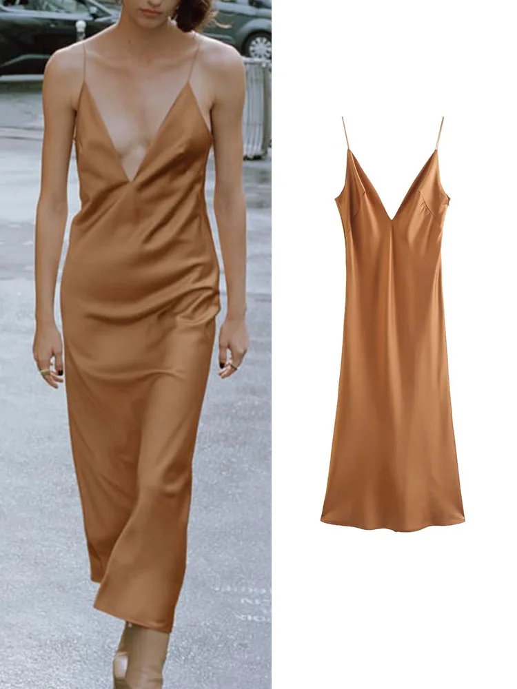 

TRAF 2022 Women Elegant Solid Camisole Dress Vintage Backless Deep V-neck Straps Female Sleeveless Dresses Vestidos