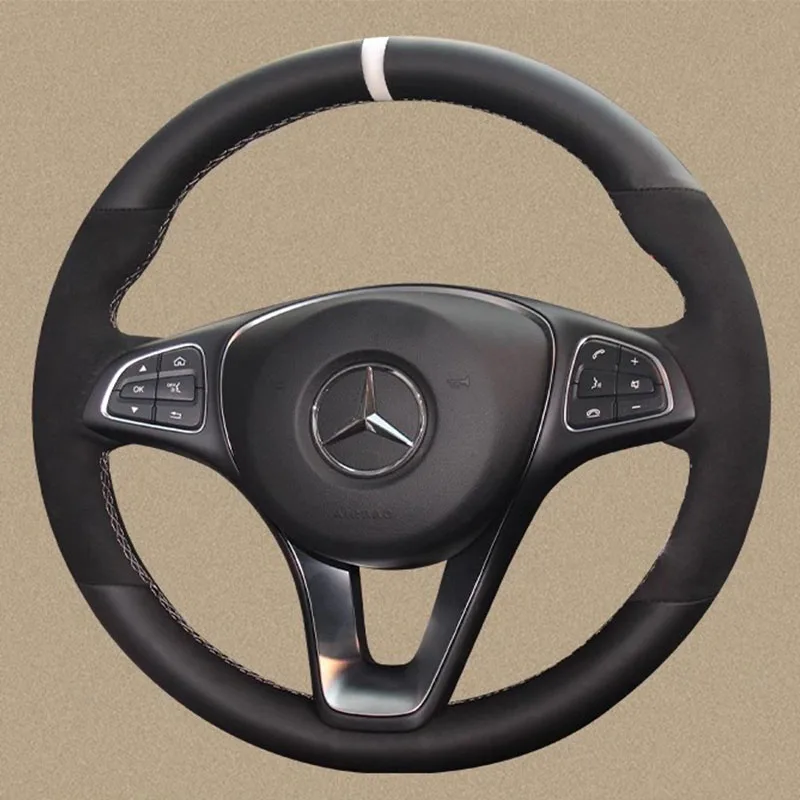 Сшитый вручную черный замшевый нескользящий чехол на руль автомобиля из