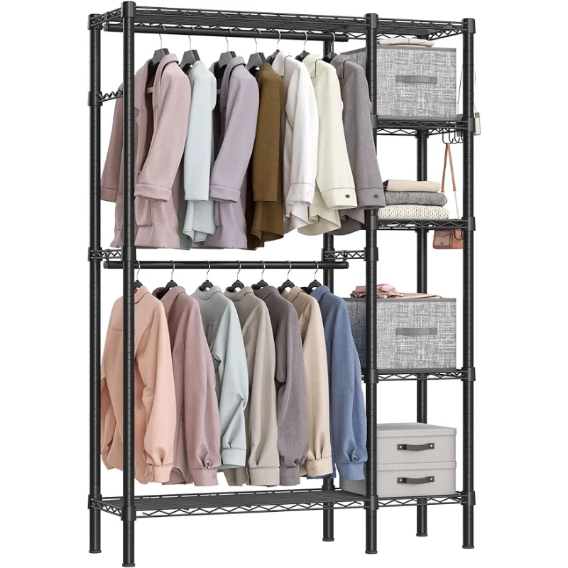 

Heavy Duty Garment Rack, Expandable Hangers Rods, Metal Portable Closets with 6 Wire Shelves,Load 740 LBS