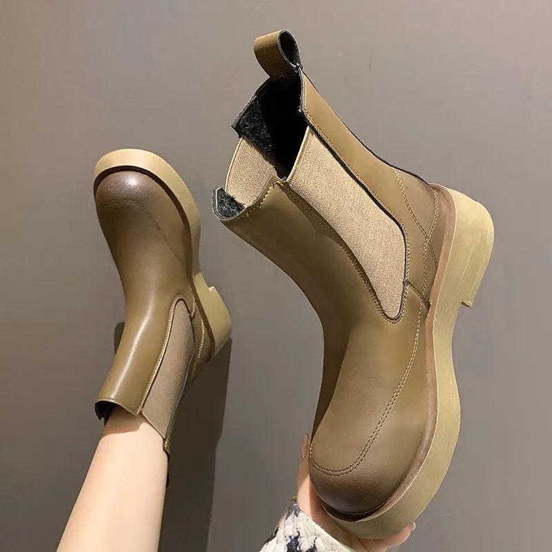 

Женские офисные кожаные ботинки челси, Модные ботильоны без шнуровки, с круглым носком, обувь на платформе, Ytmtloy Botines De Mujer, ПУ, 2023