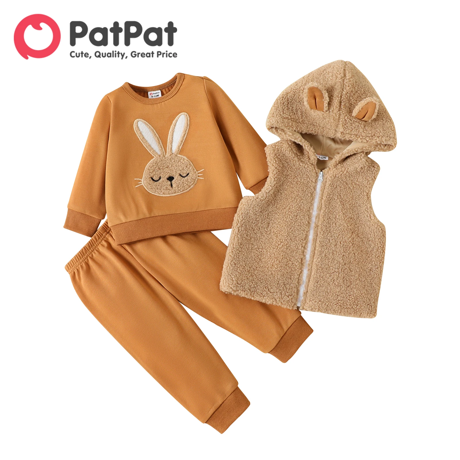 

PatPat 2pcs Baby Girl Rabbit Graphic Long-sleeve Sweatshirt and Sweatpants with Fuzzy Vest Set