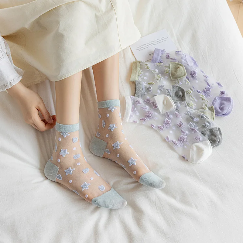 

Women Crystal Silk Socks Summer Ultra-thin Transparent Glass Silk Lace Socks Women Casual Breathable Harajulu Elastic Long Socks