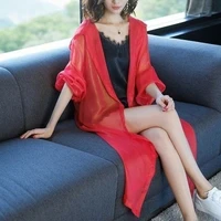 women blouse summer long sleeve solid loose chiffon shirt red kimono cardigan hooded long ladies tops sun protective jacket x126