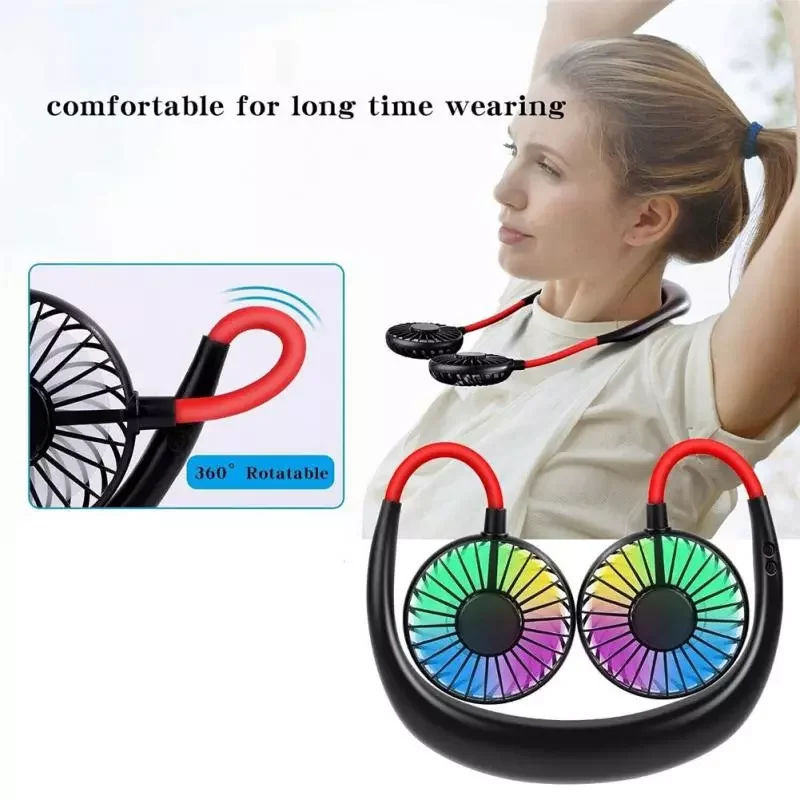 Portable Neck Fan Hanging Neckband Fan USB Rechargeable Double Fans Air Cooler  Desk Fan With Colorful Light Cooling Fan