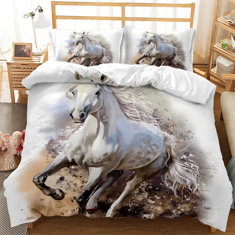 White Horse Duvet Cover Set King/Queen/Full Size Steed Print Decorative Comforter Microfiber Quilt Luxury Soft