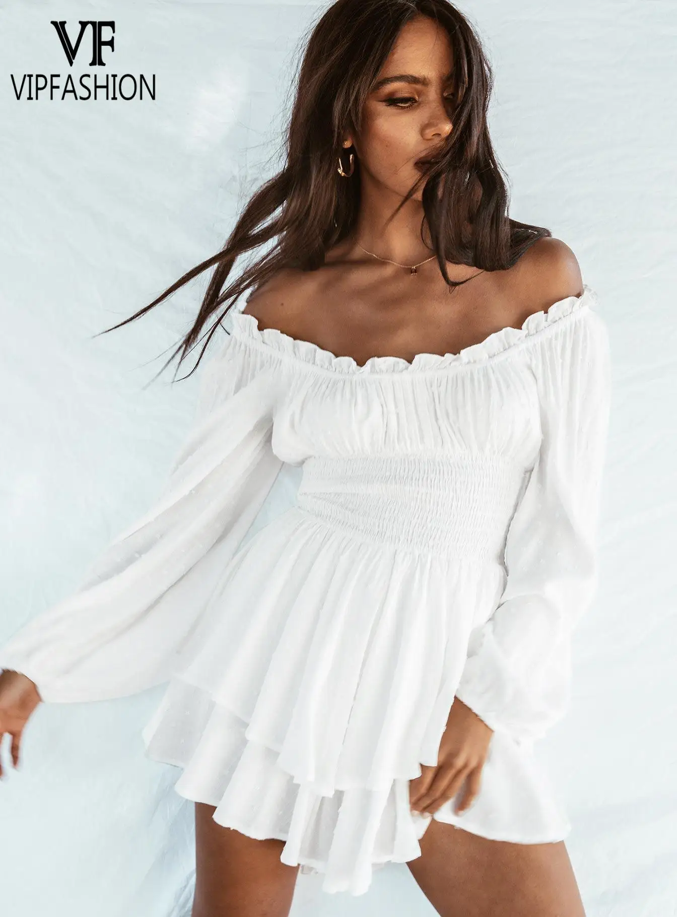 VIP FASHION Summer Slash Neck Long Sleeve Playsuits Casual Ruched Ruffle Jumpsuits French Dress Shorts Women Clothing