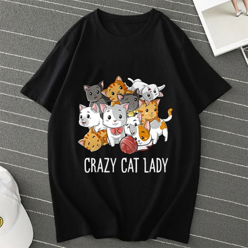

Футболка женская с забавным принтом Crazy Cat, Модный хлопковый топ оверсайз в винтажном стиле, Y2k, на лето